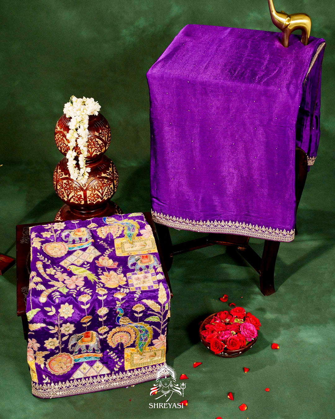 Pure Crepe Satin Saree with Embroidered Borders and Fully Embroidered Blouse