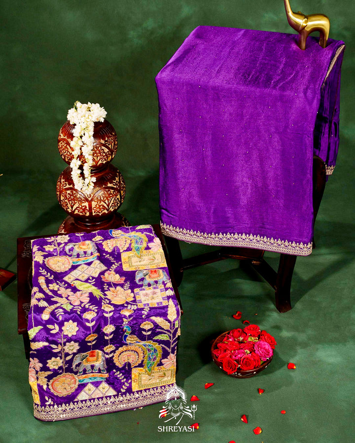 Pure Crepe Satin Saree with Embroidered Borders and Fully Embroidered Blouse