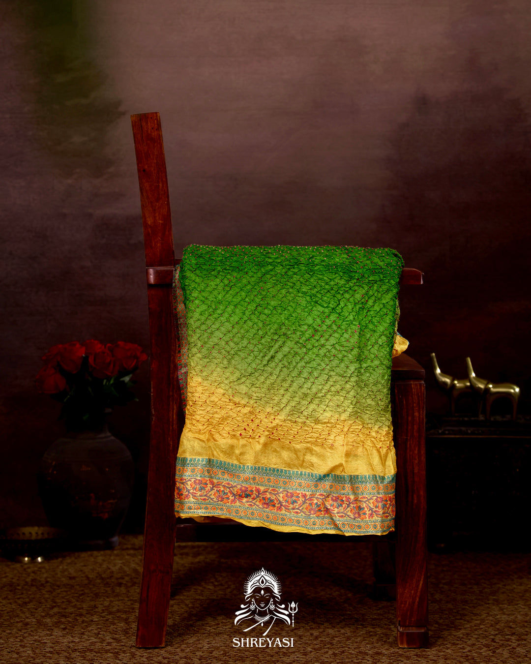 Hand Knotted Bandhej Tussar Silk Saree with Meenakari Weaving