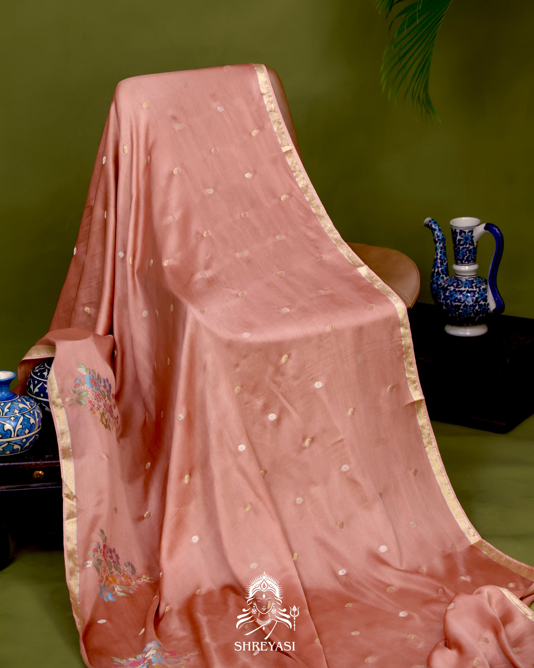 Handloom Pure Mashru Silk Saree with Sona Rupa Meenakari Bhutis and Nakshi Pallu