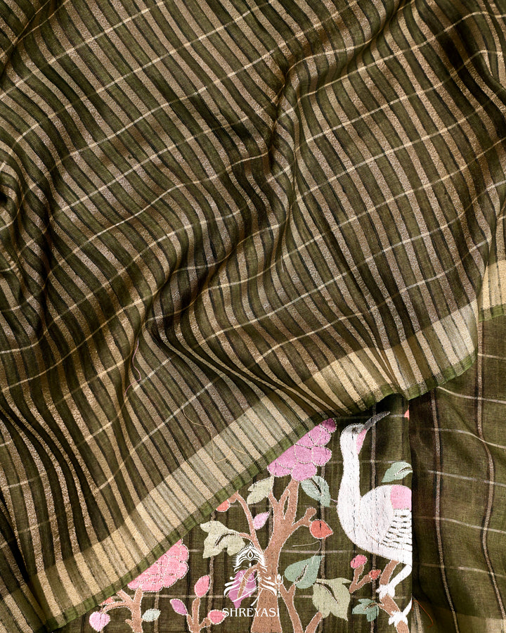 Pure Linen Tussar Silk Saree with Resham Embroidered Borders