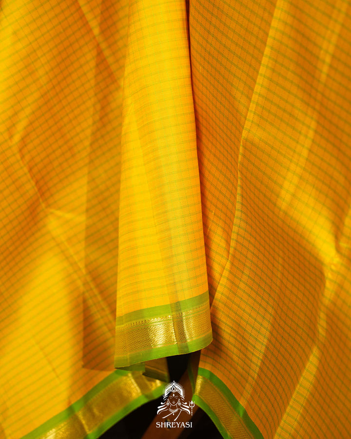 Yellow & Parrot Green Kattam Checks Kanjivaram Silk Saree