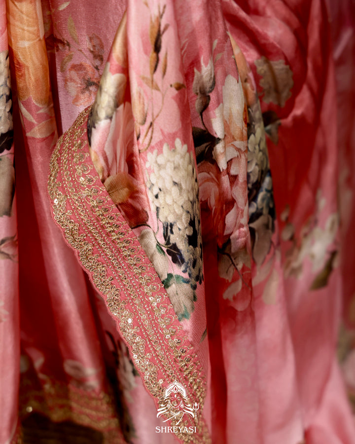 Peach pink Chinon Satin Floral Saree with Embroidered Border