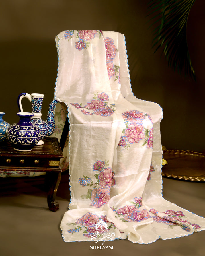 Glass Tissue Saree with Floral Print and  Embroidery