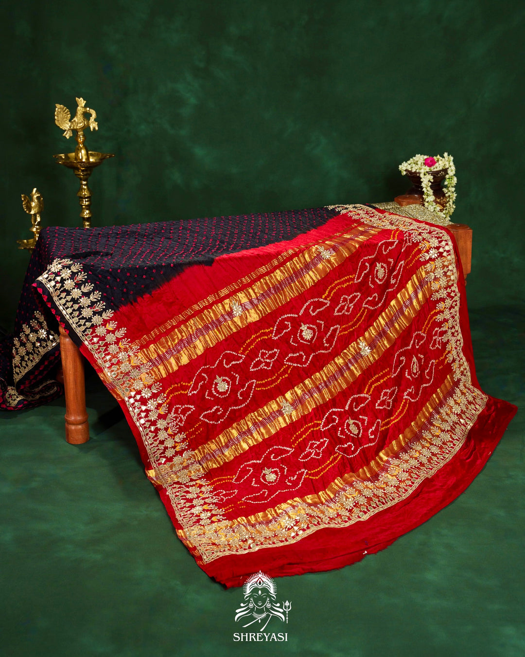Handloom Pure Gaji Silk Saree with Hand-Knotted Bandhej, Gharchola Pallu & Heavy Gota Patti Embroidery