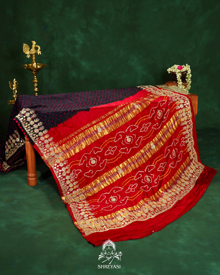 Handloom Pure Gaji Silk Saree with Hand-Knotted Bandhej, Gharchola Pallu & Heavy Gota Patti Embroidery