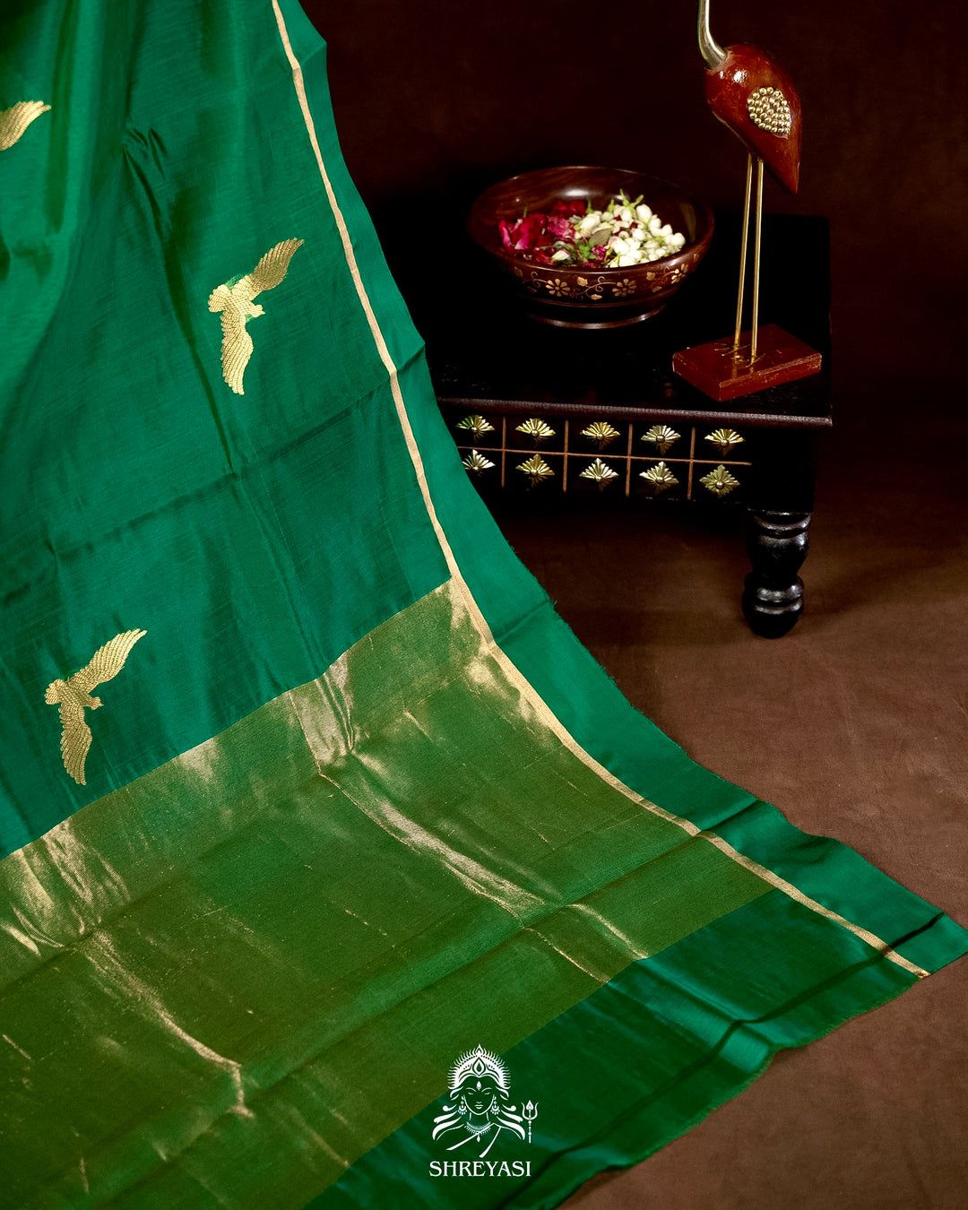 Handloom Pure Chanderi Pattu Silk Saree in Emerald Green with Bird Motifs
