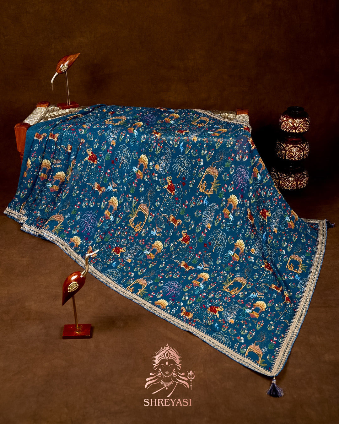 Mughal Garden Print Crepe Chinon Saree with Embroidered Border