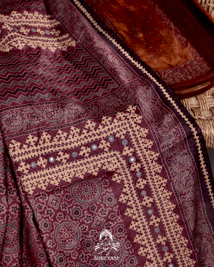 Ajrakh Silk Saree with Kutch Embroidery and Mirror Work