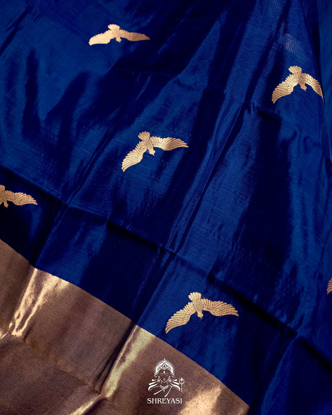 Handloom Pure Chanderi Pattu Silk Saree in Cobalt Blue with Bird Motifs