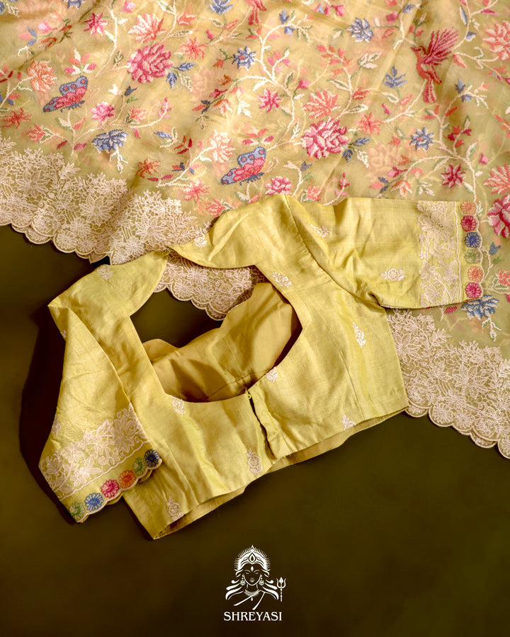 Organza Silk Saree with Petit Point Embroidery and Chantilly Lace Border