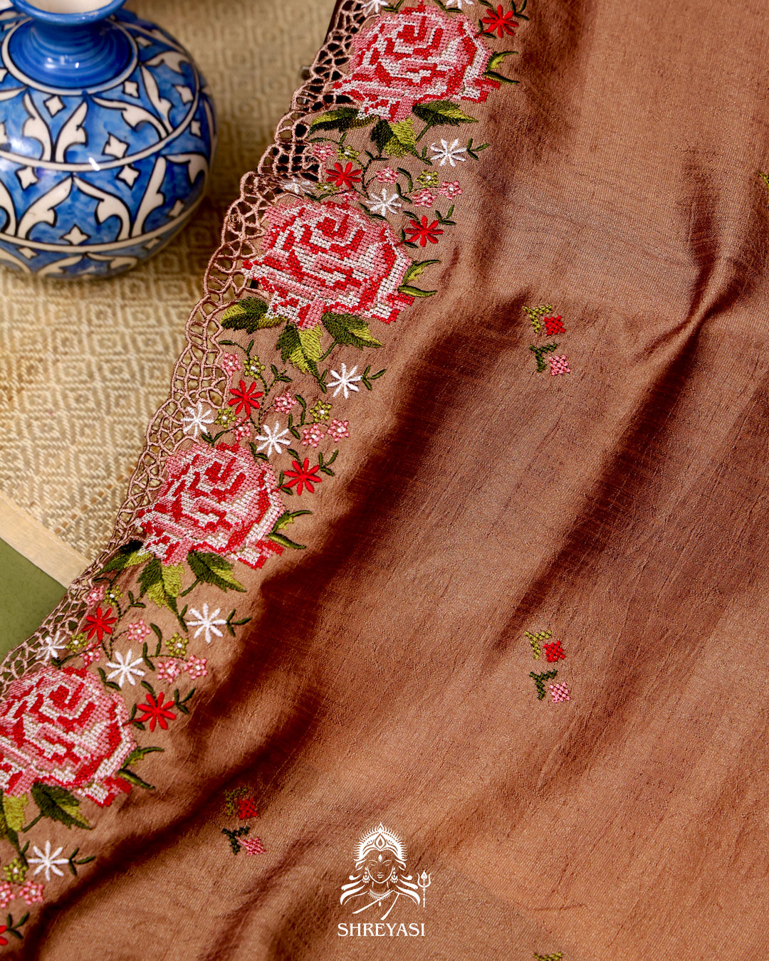 Tussar Silk Saree with Petit Point Embroidery