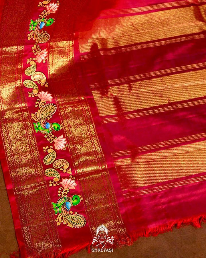 Handloom Pure Kanjivaram Silk Sarees with Real Zari and Hand Painted Tanjore Art