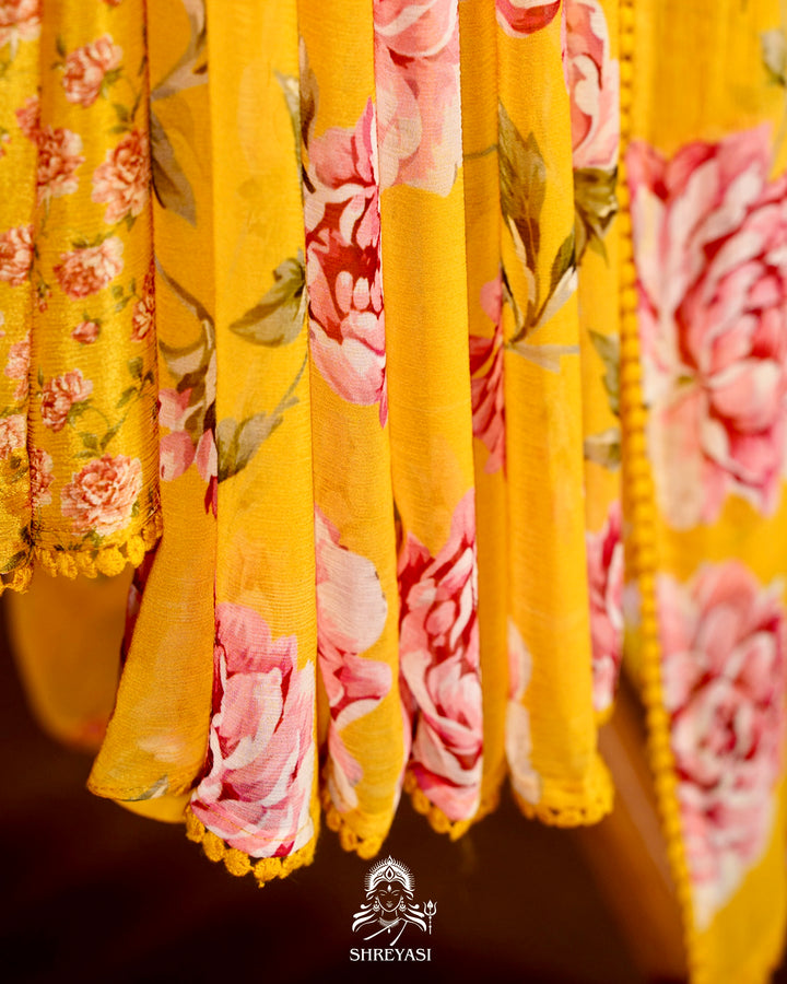 Pure Chiffon Floral Saree with Crochet Embroidery Border