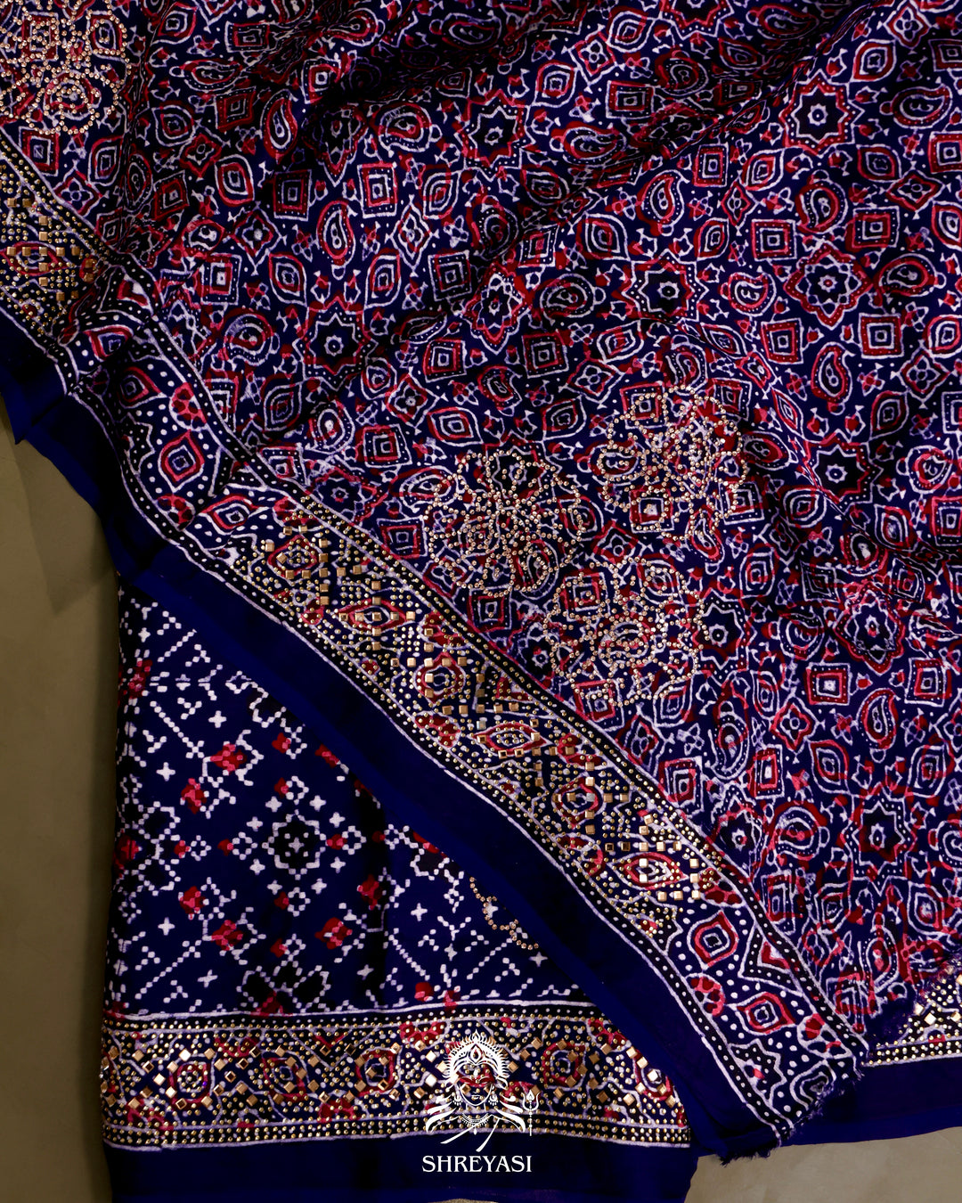Pure Modal Silk Ajrakh Saree with Swarovski Crystal Embroidery