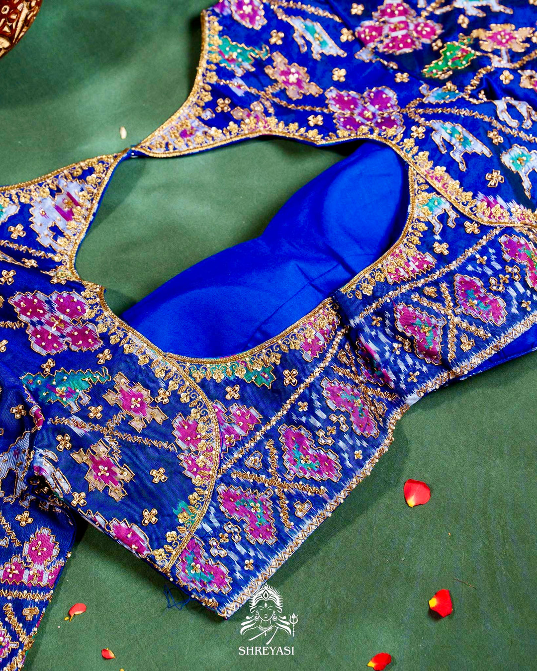 Handloom Pure Single Ikat Rajkot Patola Silk Blouse with Rich Hand Embroidery