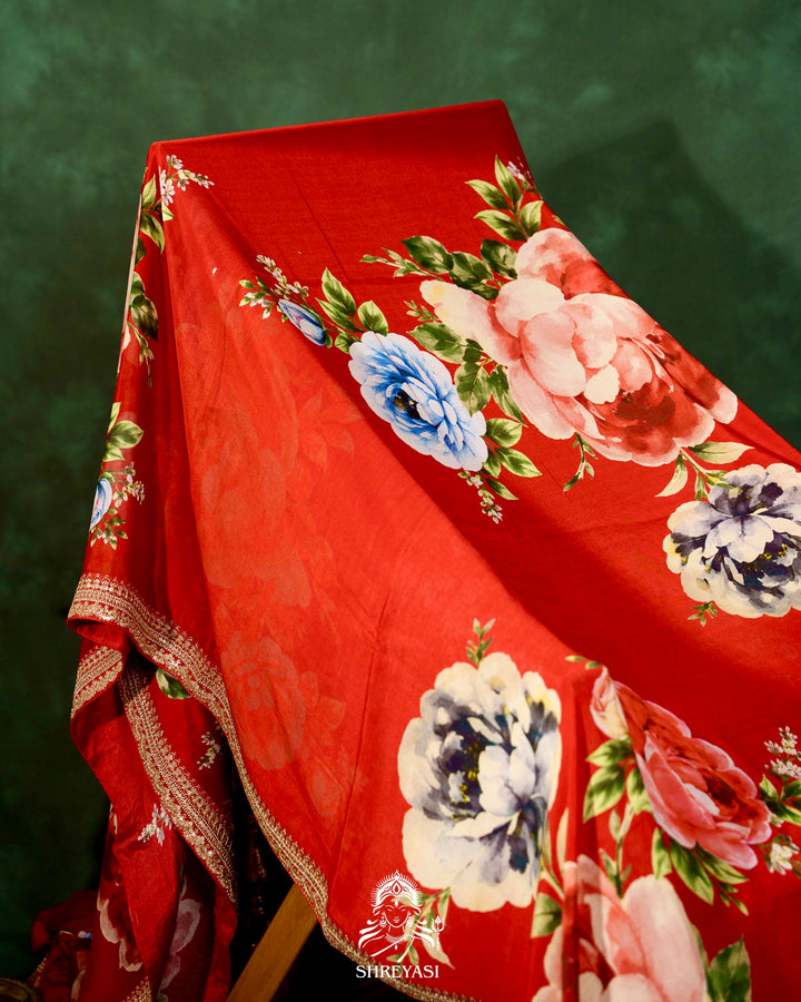 Pure Chinon Satin Silk Saree with Floral Print & Embroidered Border