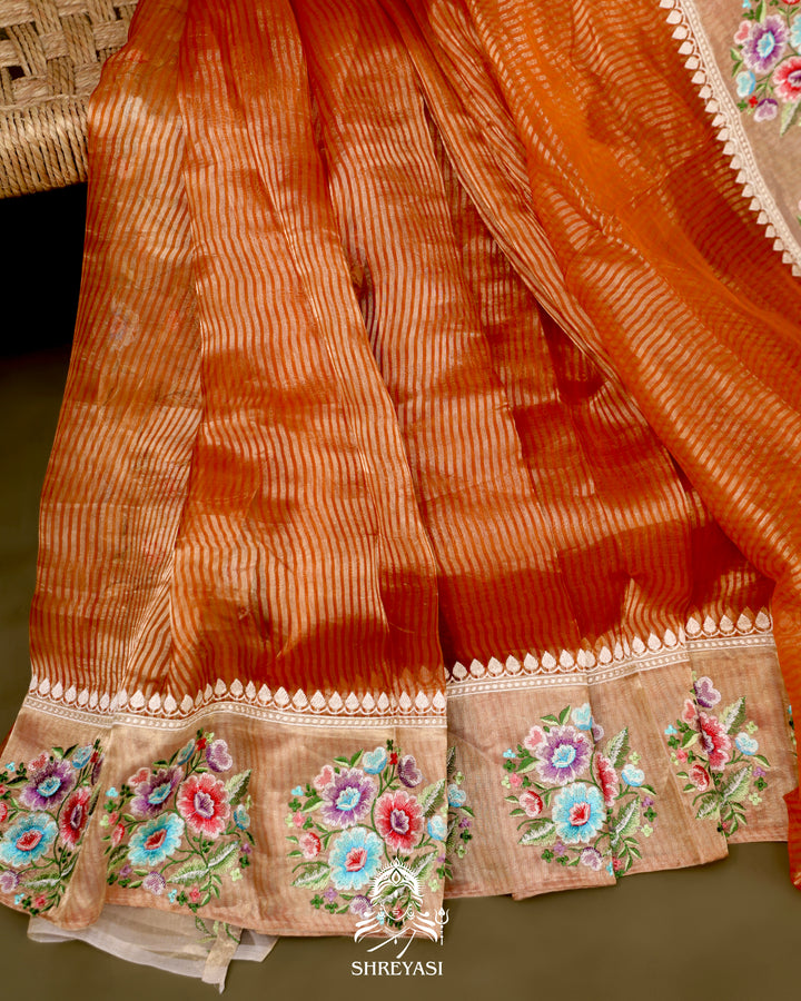 Handloom Banarasi Tissue Stripe Silk Saree with Satin Stitch Floral Embroidered Borders
