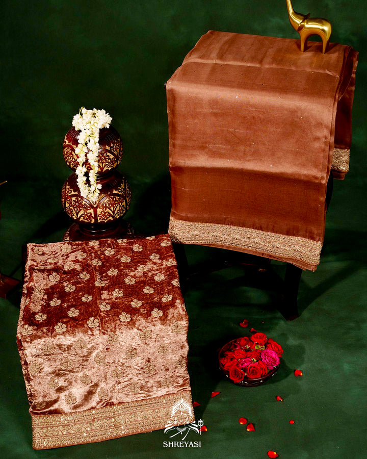 Pure Organza Silk Saree with Embroidered Border and Velvet Blouse