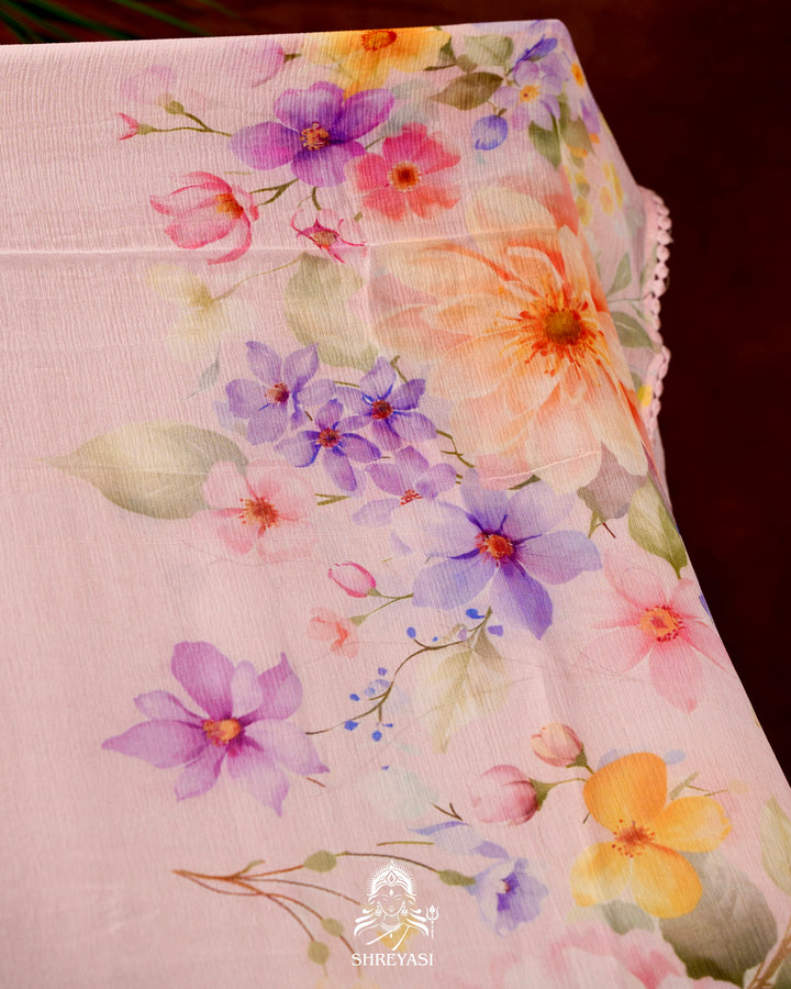 Pure Chiffon Floral Saree with Crochet Embroidery Border