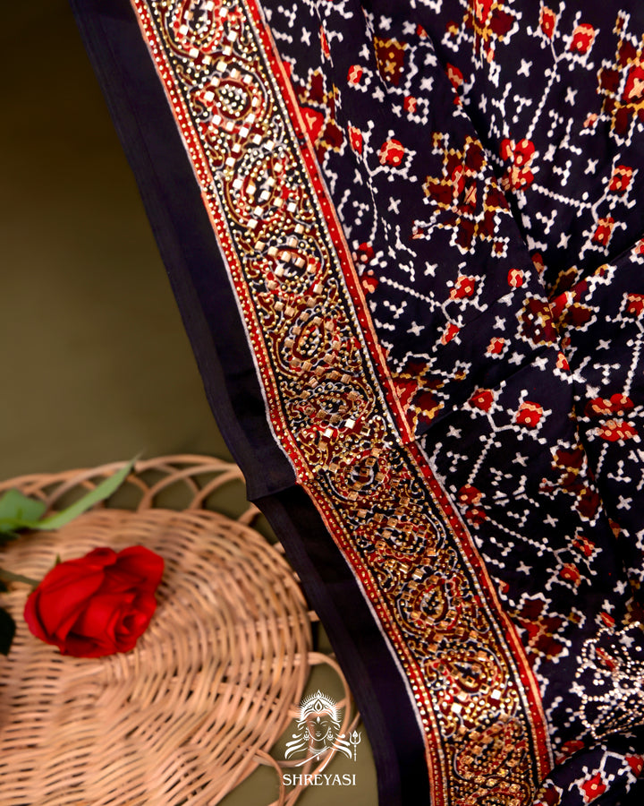 Pure Modal Silk Ajrakh Saree with Swarovski Crystal Embroidery