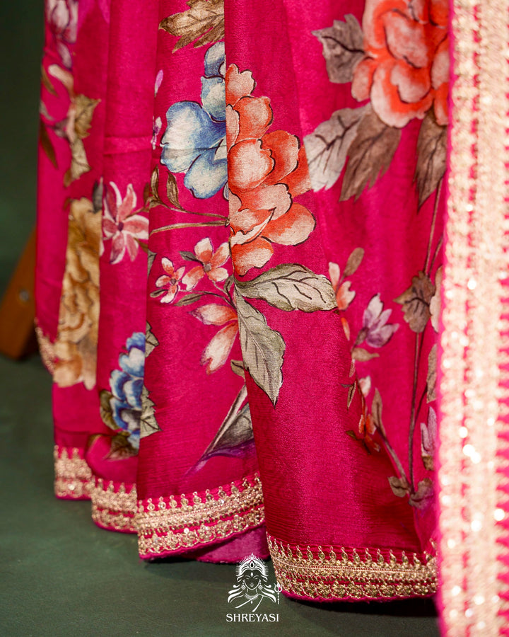 Floral Crepe Chiffon Saree with Embroidered Borders