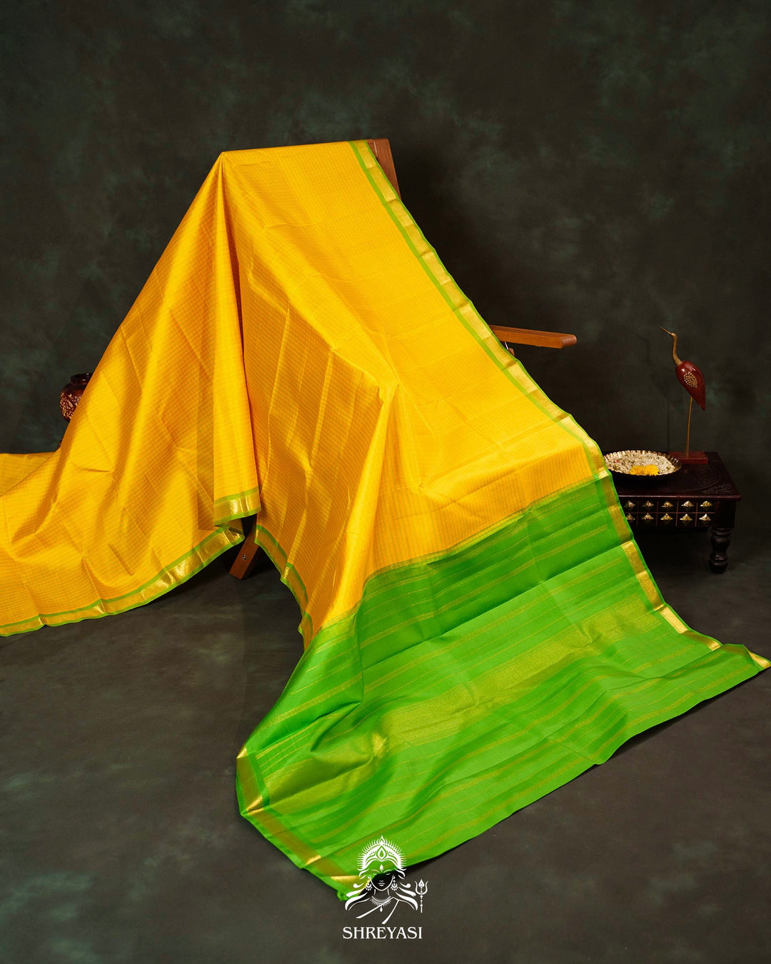 Yellow & Parrot Green Kattam Checks Kanjivaram Silk Saree