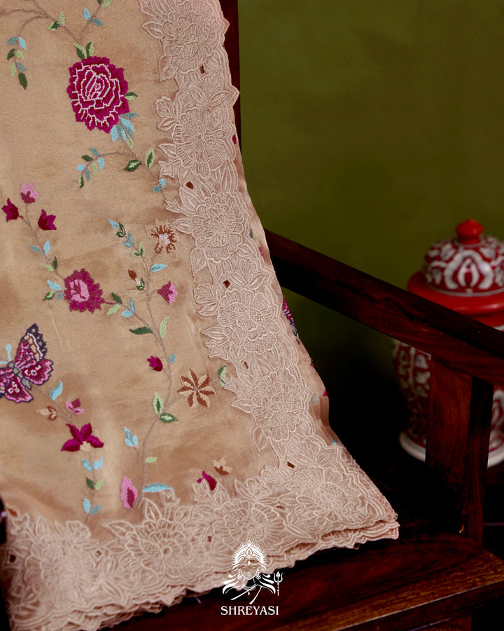 Handloom Pure Tissue Silk Saree with All Over Petit Point Embroidery and Chantilly Lace Borders