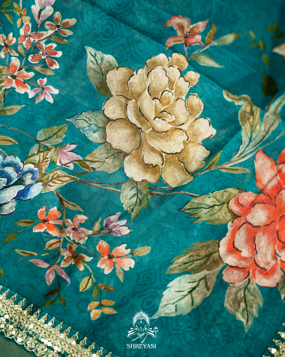 Floral Crepe Chiffon Saree with Embroidered Borders