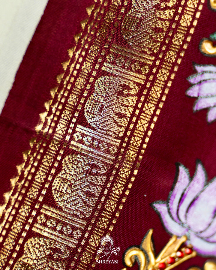 Traditional Tanjore Painting on Handloom Pure Kanjivaram Silk Sarees with Real Zari