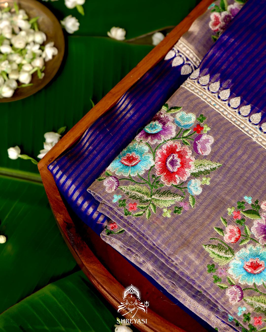 Handloom Banarasi Tissue Stripe Silk Saree with Satin Stitch Floral Embroidered Borders