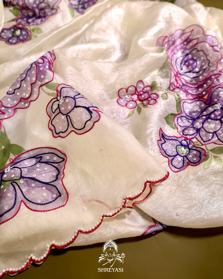 Glass Tissue Saree with Floral Print and  Embroidery