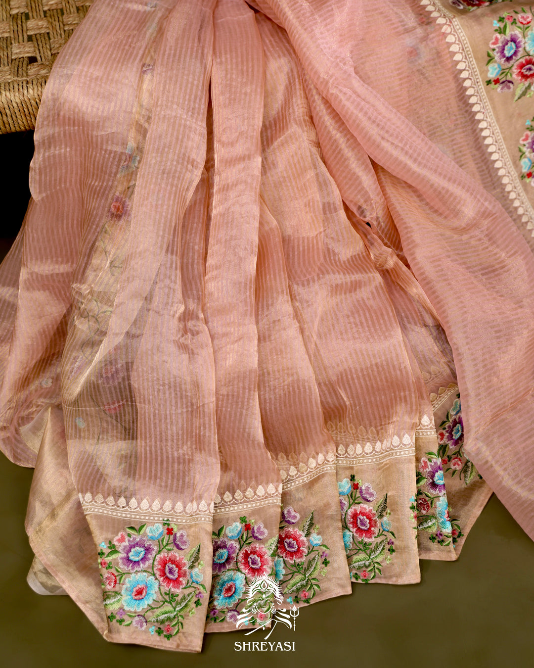 Handloom Banarasi Tissue Stripe Silk Saree with Satin Stitch Floral Embroidered Borders