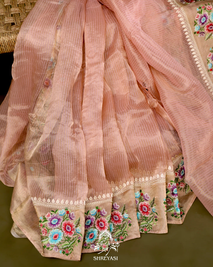 Handloom Banarasi Tissue Stripe Silk Saree with Satin Stitch Floral Embroidered Borders