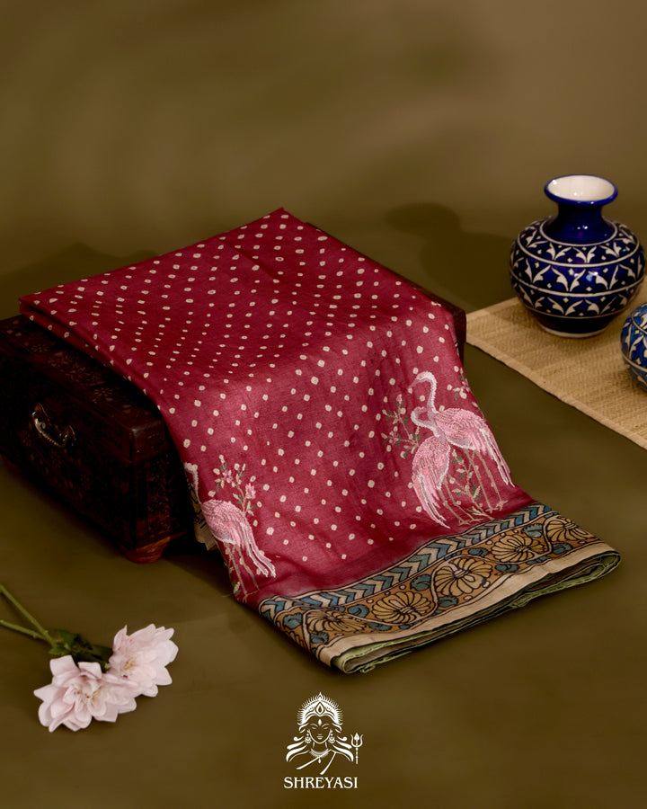 Tussar Silk Bandhej Saree with Pen Kalamkari and Petit Point Embroidery
