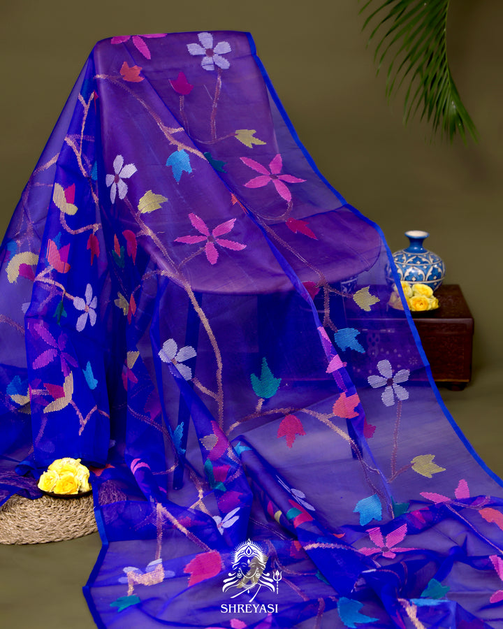 Handloom Pure Muslin Jamdani Saree in Full Jaal Needle Weaving