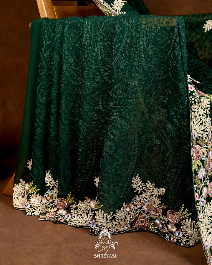 Premium Pure Georgette Chikankari Saree in Emerald Green with Embroidered Floral Borders