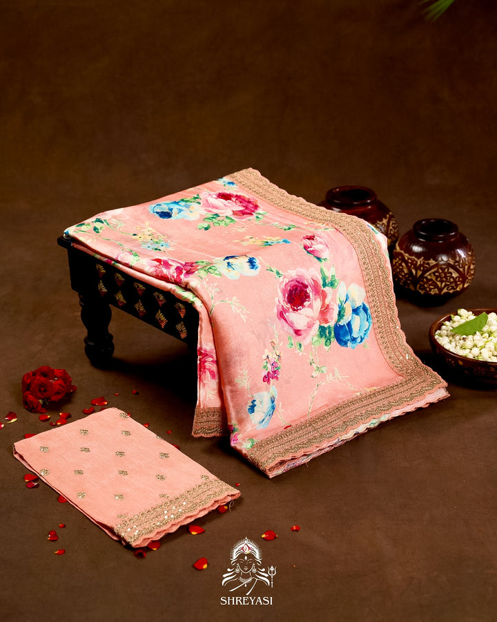 Pure Chinon Satin Saree with Floral Print & Embroidered Scallop Borders