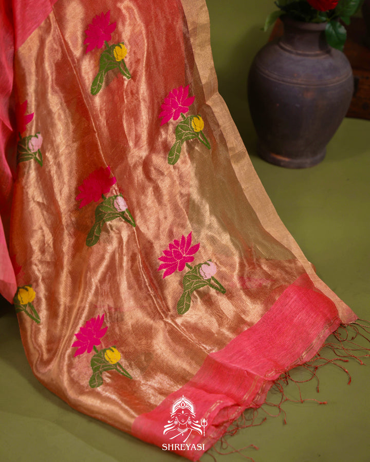 Handloom Silk Linen Jamdani Saree with Tissue Paithani Pallu