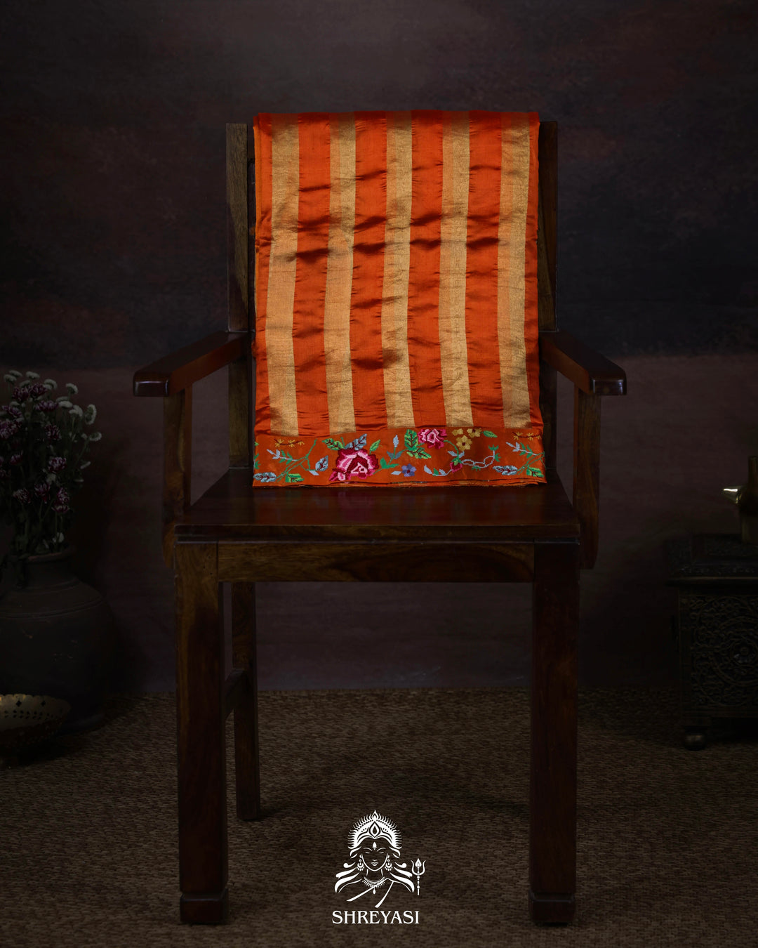 Handloom Pure Banarasi Tissue Stripes Saree with Petit Point Embroidered Borders
