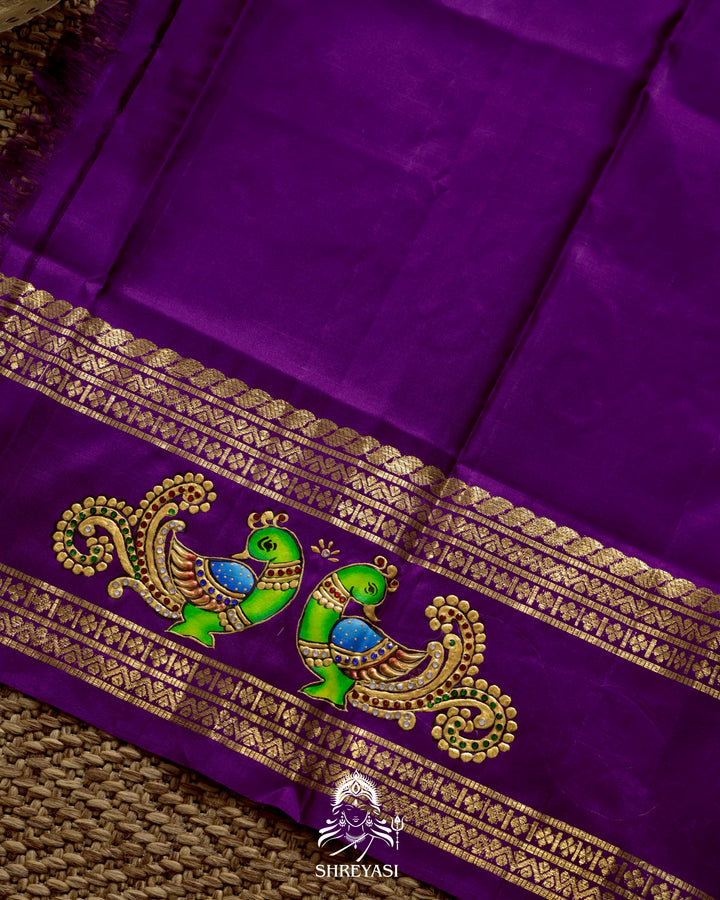 Handloom Pure Kanjivaram Silk Saree in Real Zari with Tanjore Mayil and Kamalam Artwork