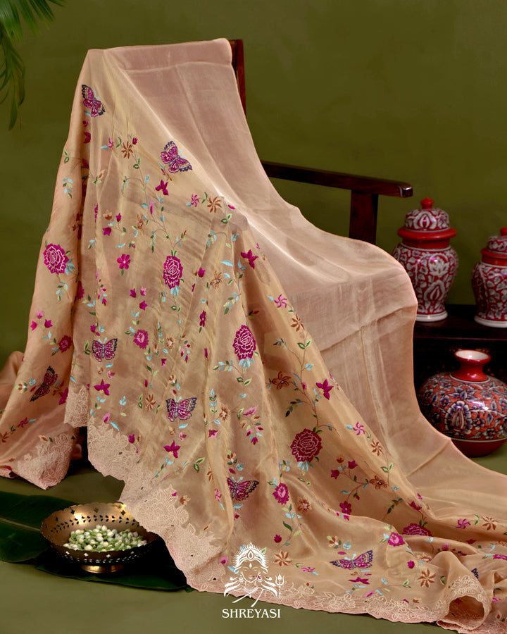 Handloom Pure Tissue Silk Saree with All Over Petit Point Embroidery and Chantilly Lace Borders