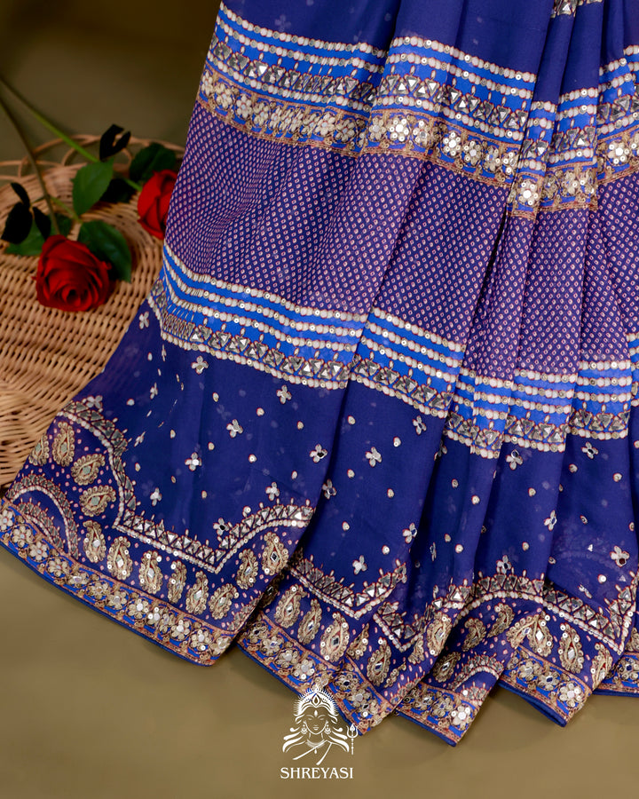 Georgette Cocktail Saree with Mukaish and Zardozi Mirror Embroidery