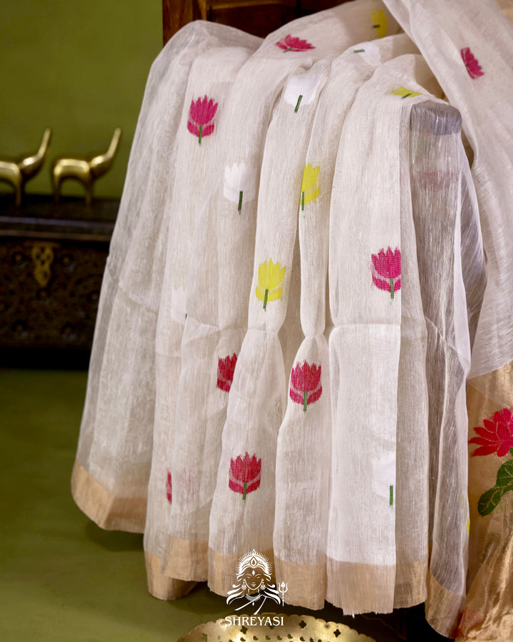 Handloom Silk Linen Jamdani Saree with Tissue Paithani Pallu