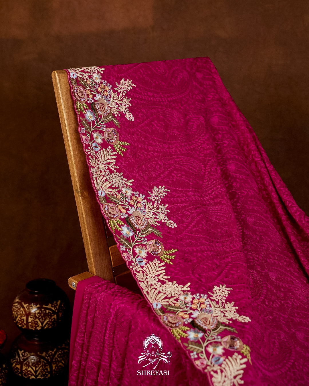 Premium Pure Georgette Chikankari Saree in Jewel Magenta with Embroidered Floral Borders