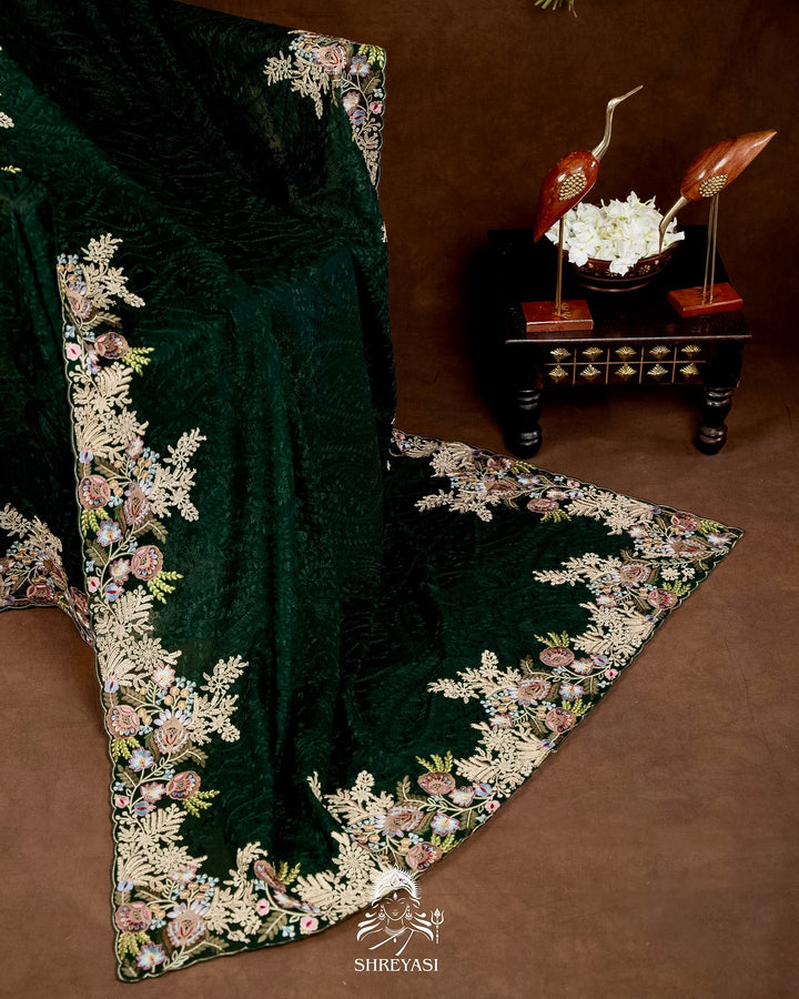 Premium Pure Georgette Chikankari Saree in Emerald Green with Embroidered Floral Borders