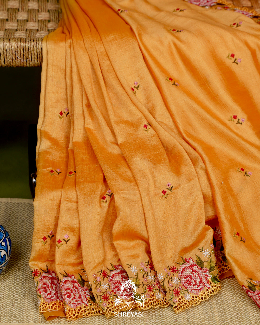 Tussar Silk Saree with Petit Point Embroidery