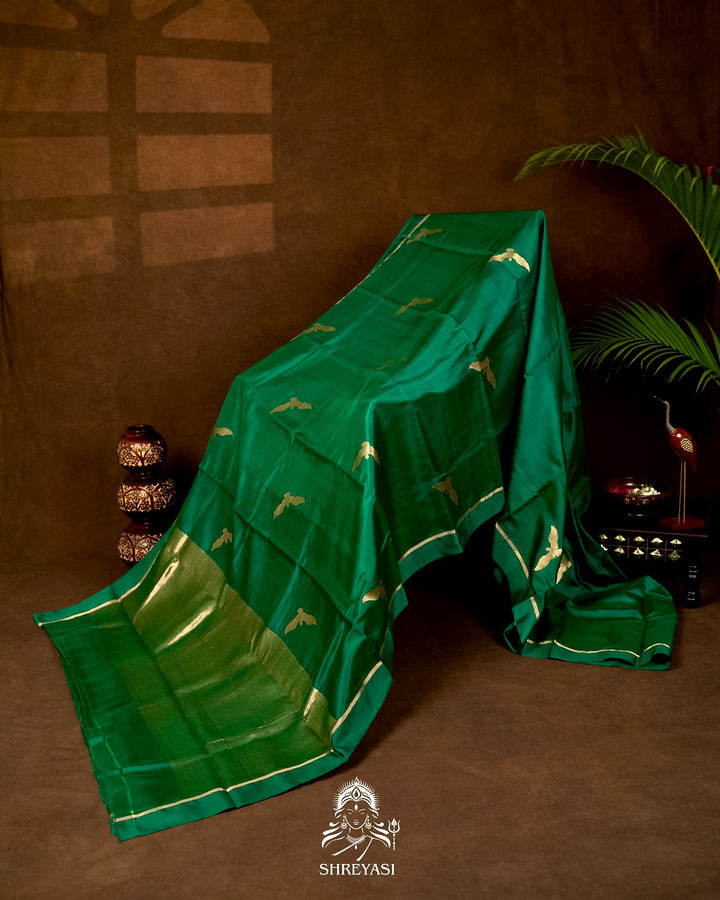 Handloom Pure Chanderi Pattu Silk Saree in Emerald Green with Bird Motifs