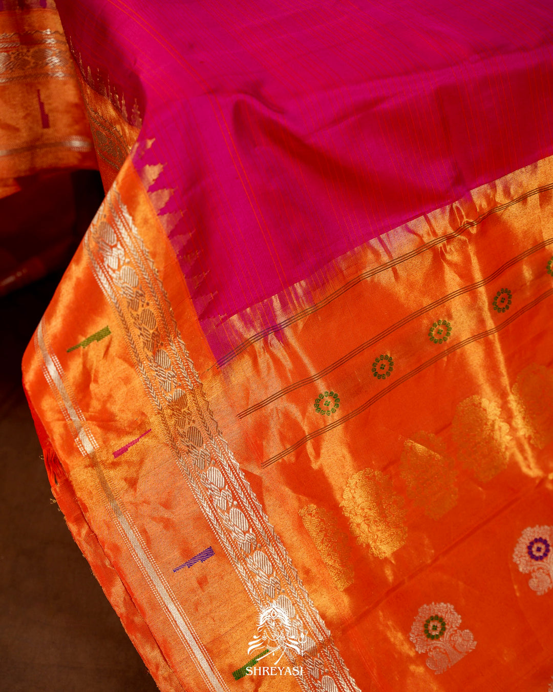 Handloom Pure Gadwal Silk Saree in Rani Pink with Orange Tissue Muniya Border