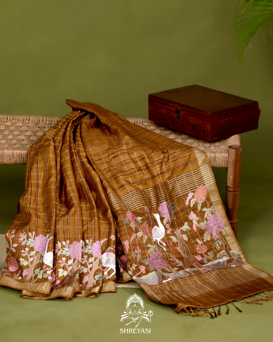 Pure Linen Tussar Silk Saree with Resham Embroidered Borders